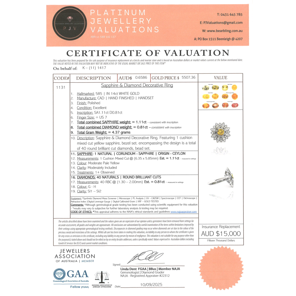 White Gold Yellow Sapphire and Diamond Decorative Ring