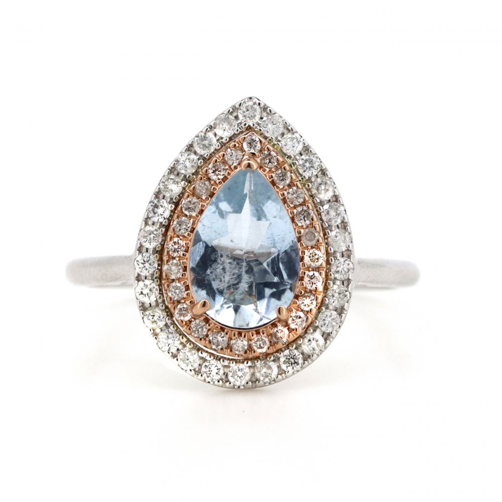 1.05ct White & Rose Gold Aquamarine and Diamond Double Halo Ring