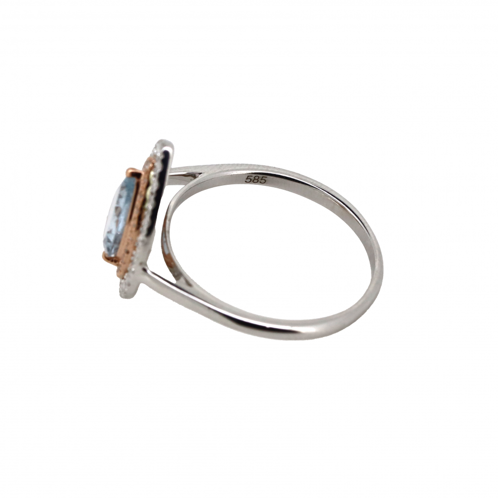 1.05ct White & Rose Gold Aquamarine and Diamond Double Halo Ring