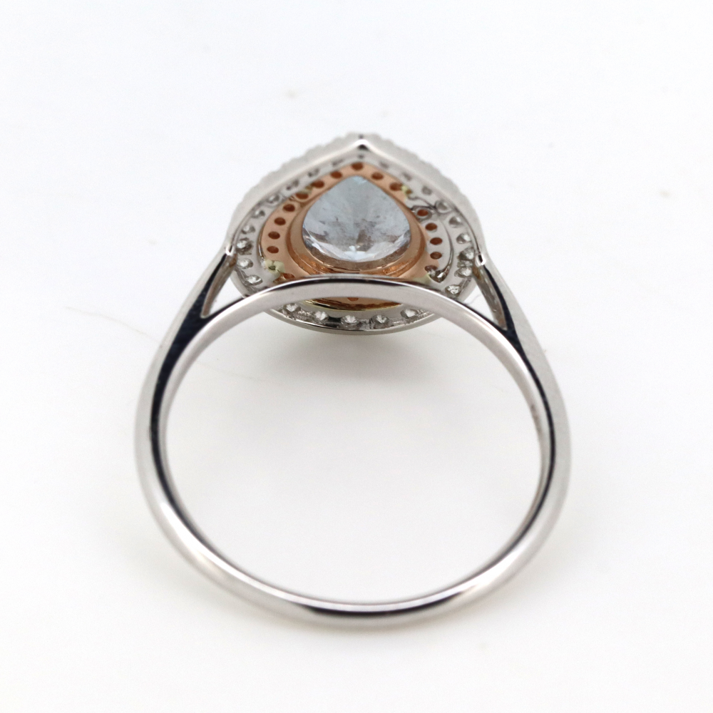 1.05ct White & Rose Gold Aquamarine and Diamond Double Halo Ring