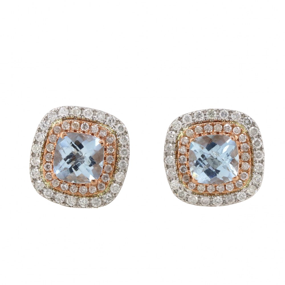 White & Rose Gold Aquamarine and Diamond Halo Earrings