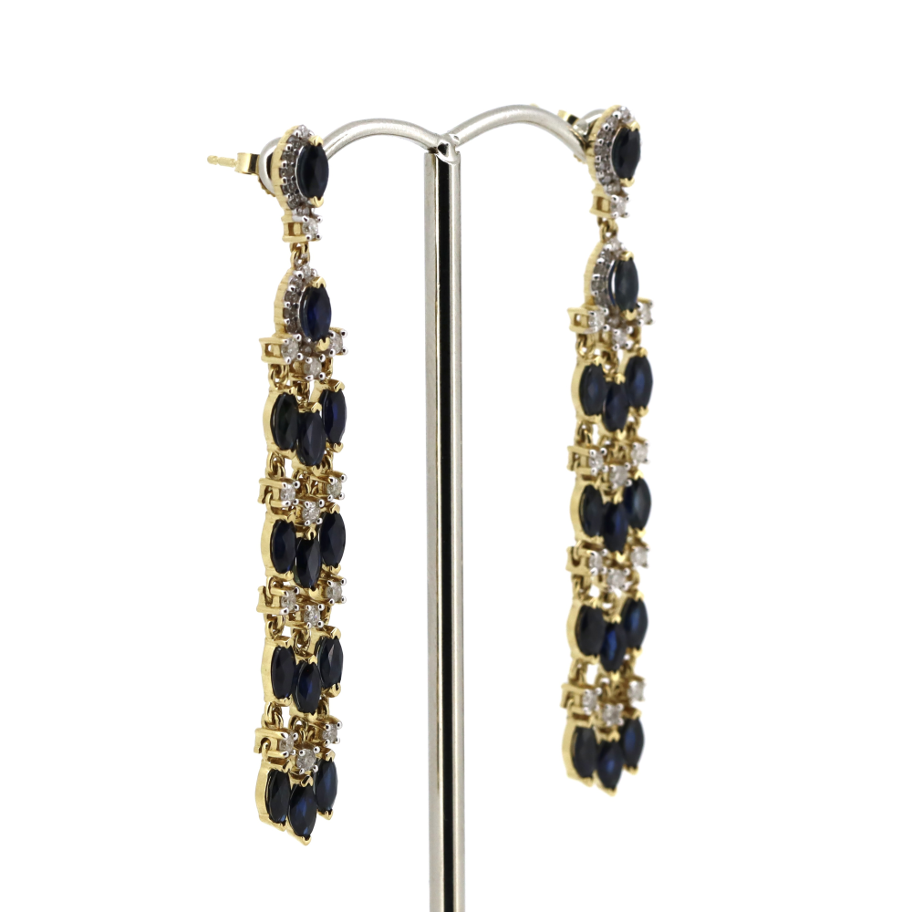 Yellow Gold Blue Sapphire and Diamond Chandelier Earrings