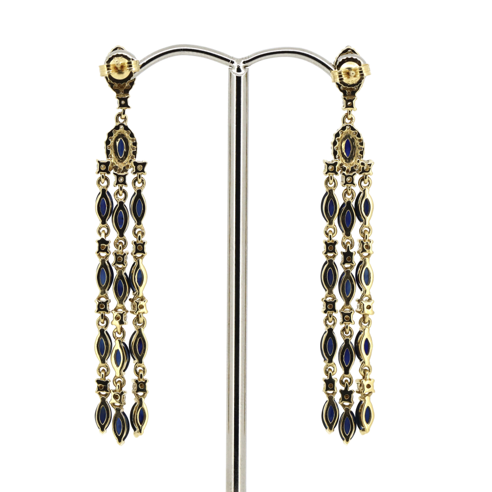 Yellow Gold Blue Sapphire and Diamond Chandelier Earrings