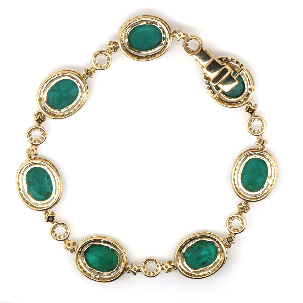 21.36ct Yellow Gold Emerald and Diamond Halo Bracelet