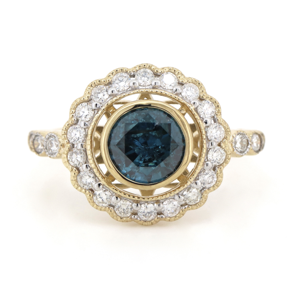 1.46ct Blue Diamond Antique Style Halo Ring
