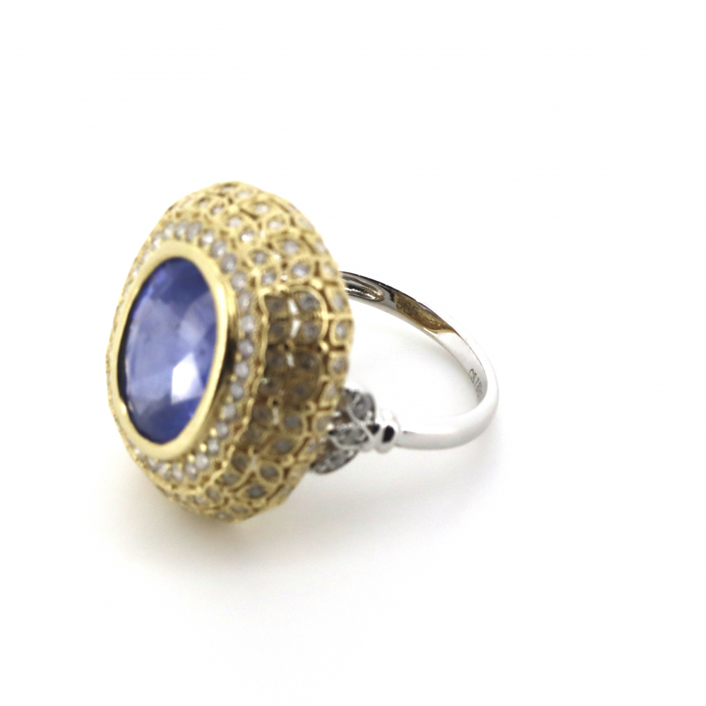 Yellow/White Gold 7.87ct Blue Ceylon Sapphire and Diamond Cluster Ring