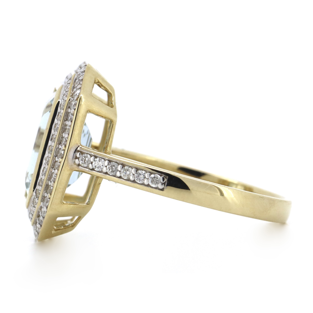 Yellow Gold, Aquamarine and Diamond, Double Halo Ring