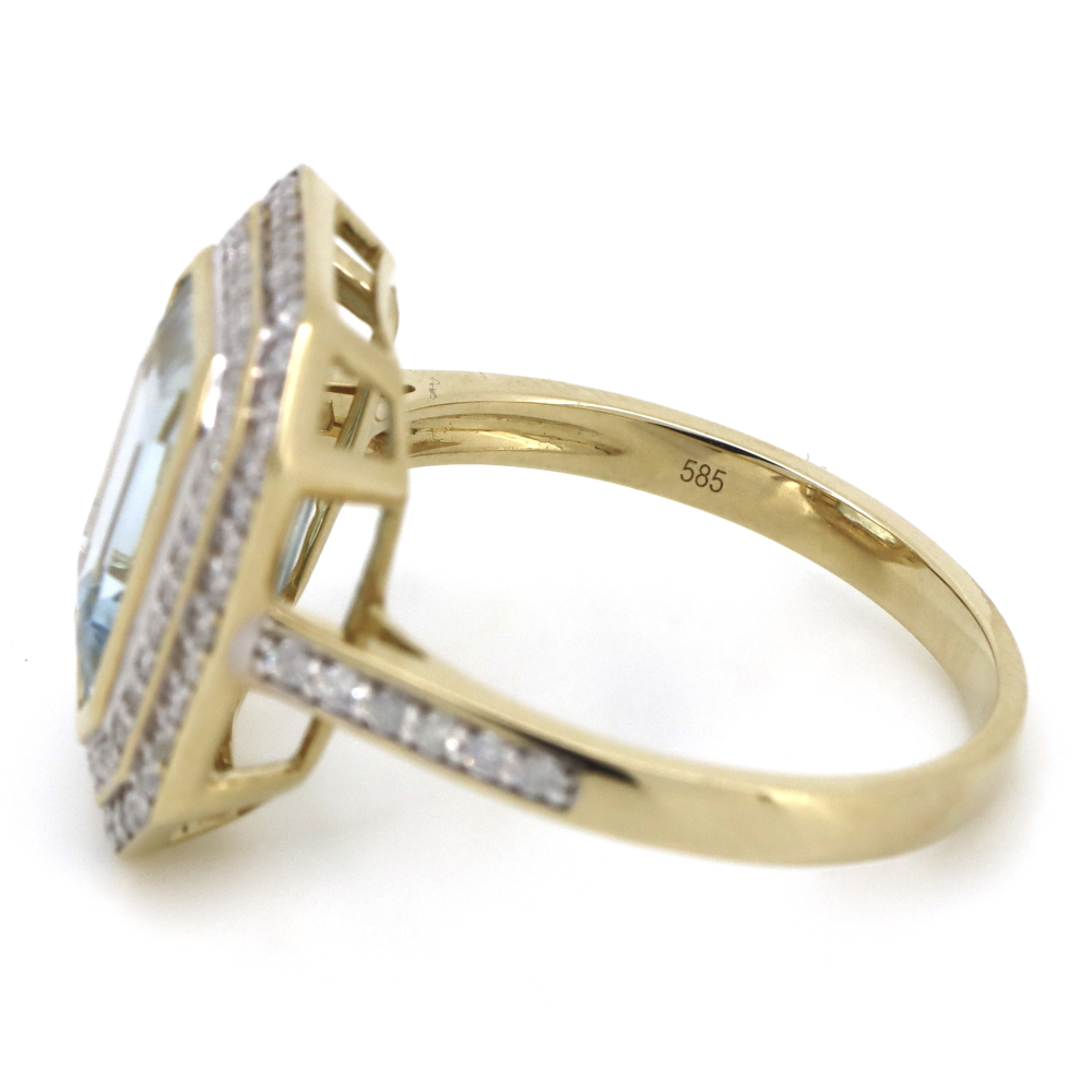 Yellow Gold, Aquamarine and Diamond, Double Halo Ring