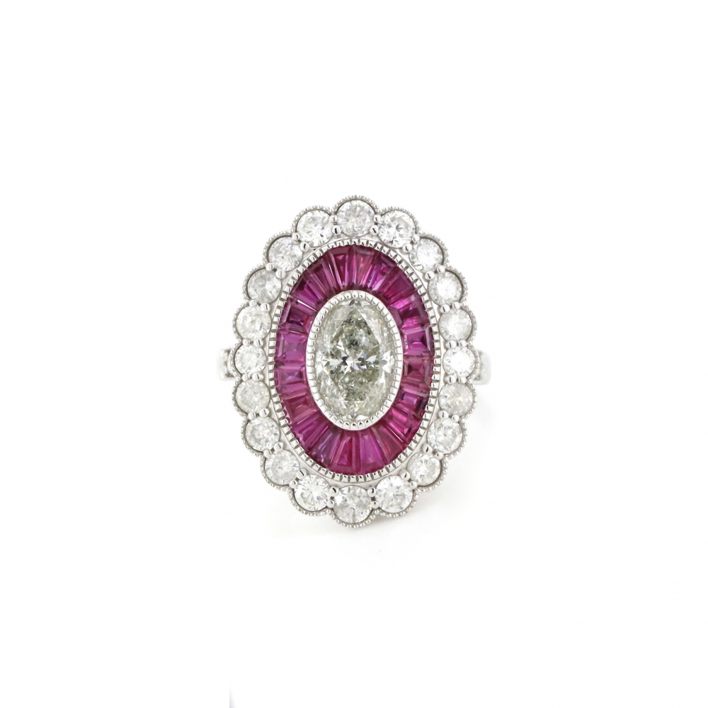 1.52ct White Gold Diamond & Ruby Art Deco Cocktail Ring