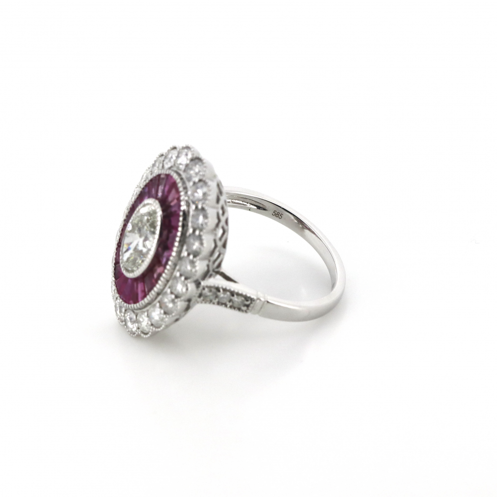1.52ct White Gold Diamond & Ruby Art Deco Cocktail Ring