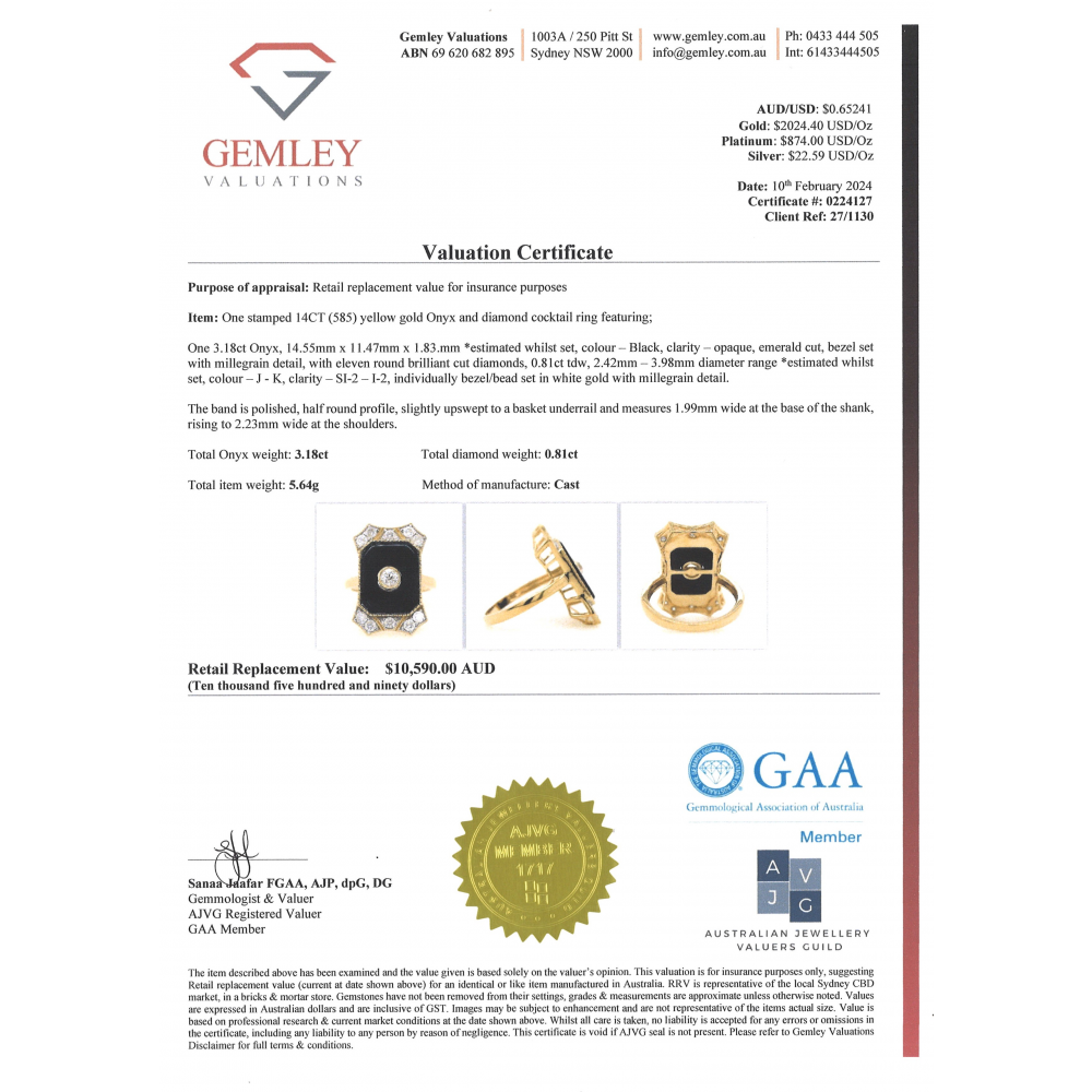 Yellow Gold Onyx and Diamond Art Deco Inspired Ring