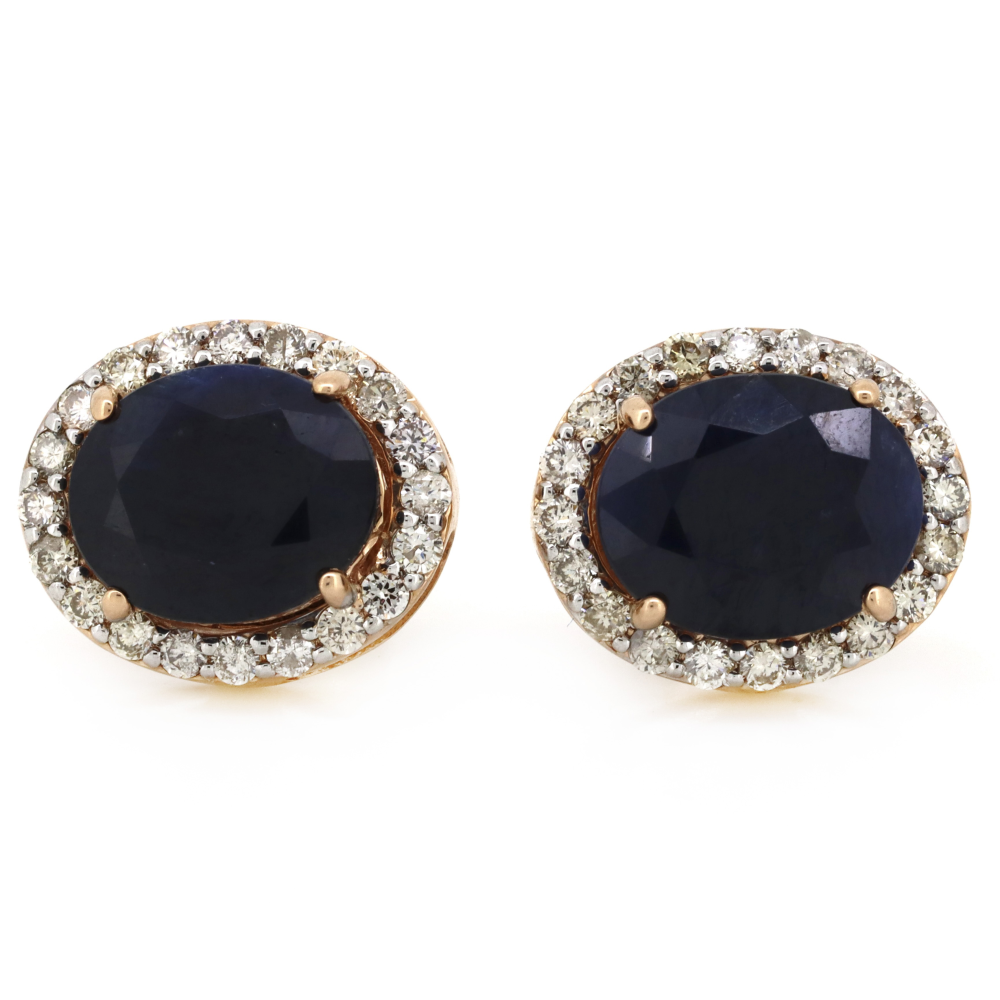 Rose Gold Blue Sapphire and Diamond Halo Stud Earrings