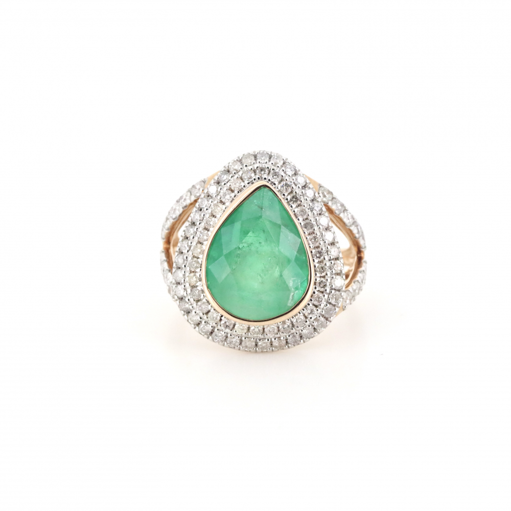 4.35ct Rose Gold Colombian Emerald and Diamond Double Halo Split Band Ring