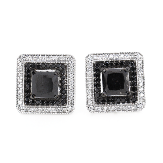 White Gold Black Diamond and Diamond Double Halo Earrings