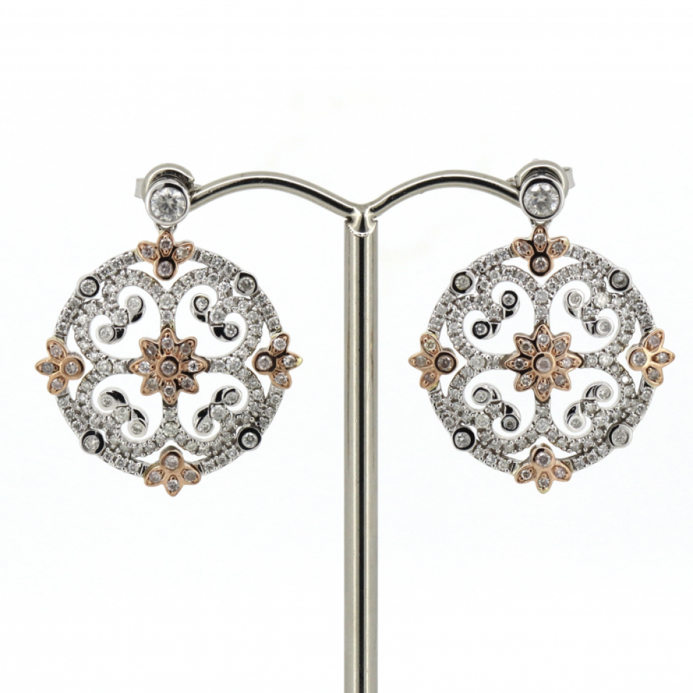 White & Rose Gold, Blush Pink Diamond Floral Design Stud Drop Earrings