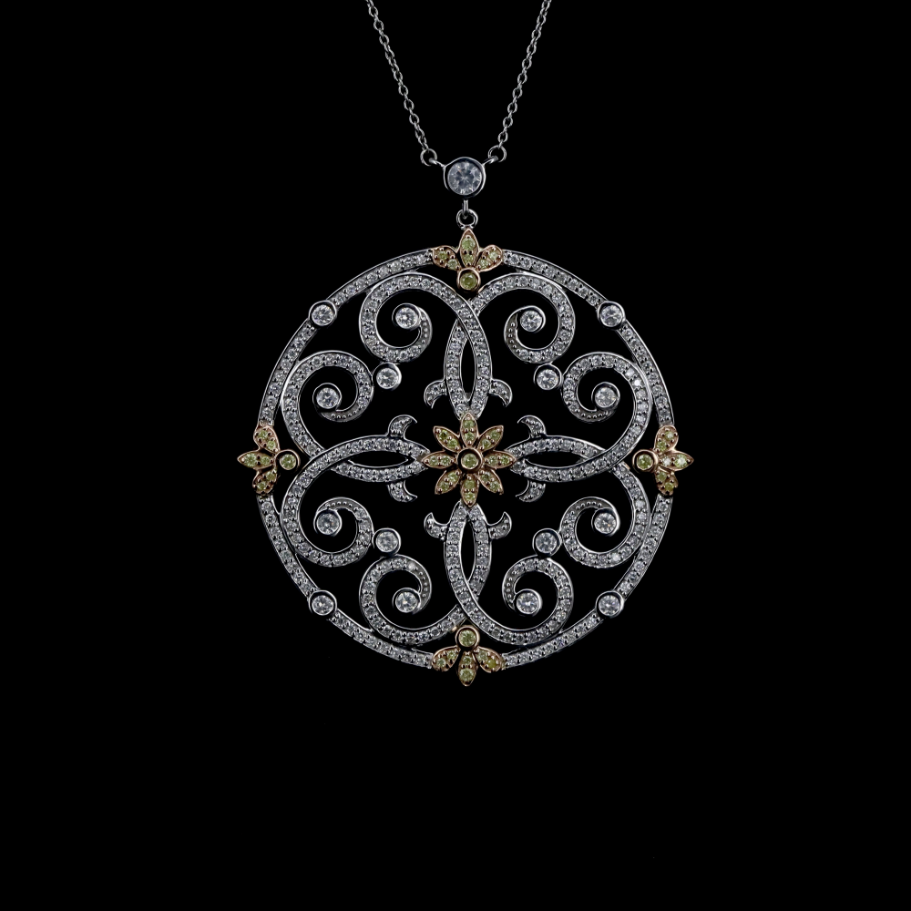 White/Yellow Gold, Fancy Yellow Diamond Double Halo Pendant Necklace