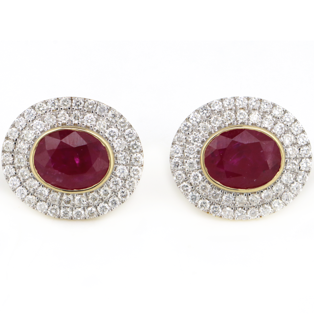 3.87ct Yellow Gold Ruby and Diamond Double Halo Stud Earrings