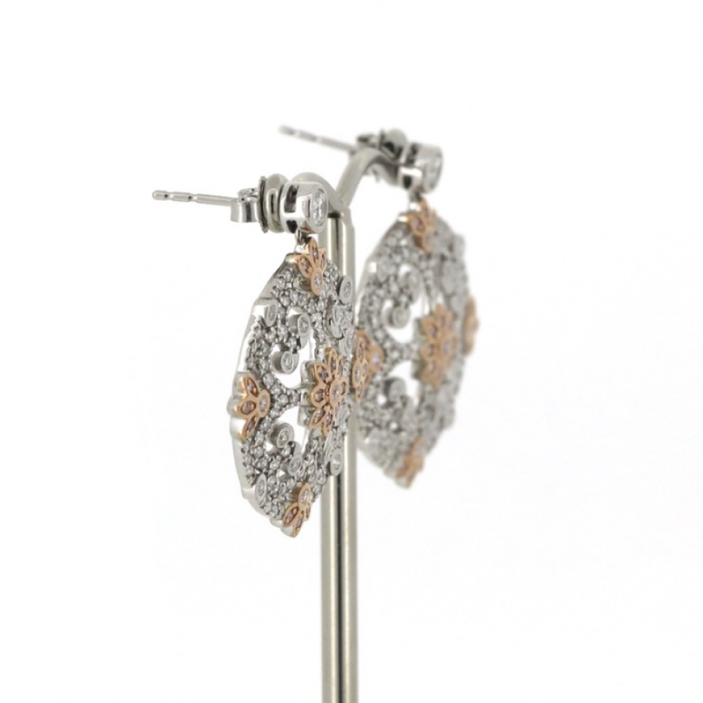 White & Rose Gold, Blush Pink Diamond Floral Design Stud Drop Earrings
