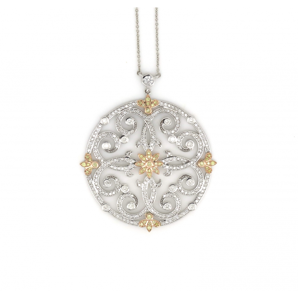 White/Yellow Gold, Fancy Yellow Diamond Double Halo Pendant Necklace