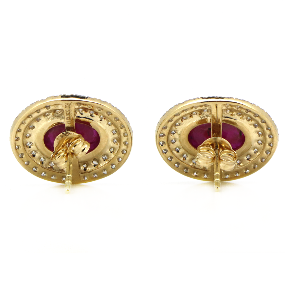 3.87ct Yellow Gold Ruby and Diamond Double Halo Stud Earrings