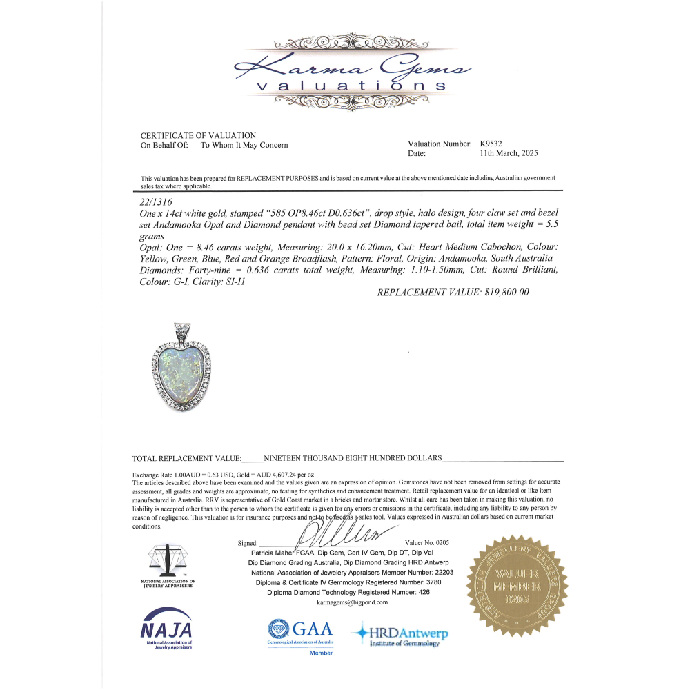 White Gold Andamooka Opal and Diamond Pendant