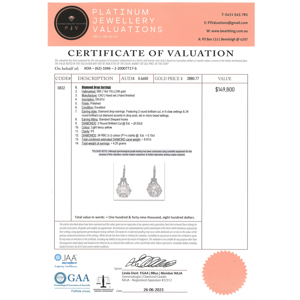 8.52ct Yellow Gold Yellow Diamond Drop Earrings