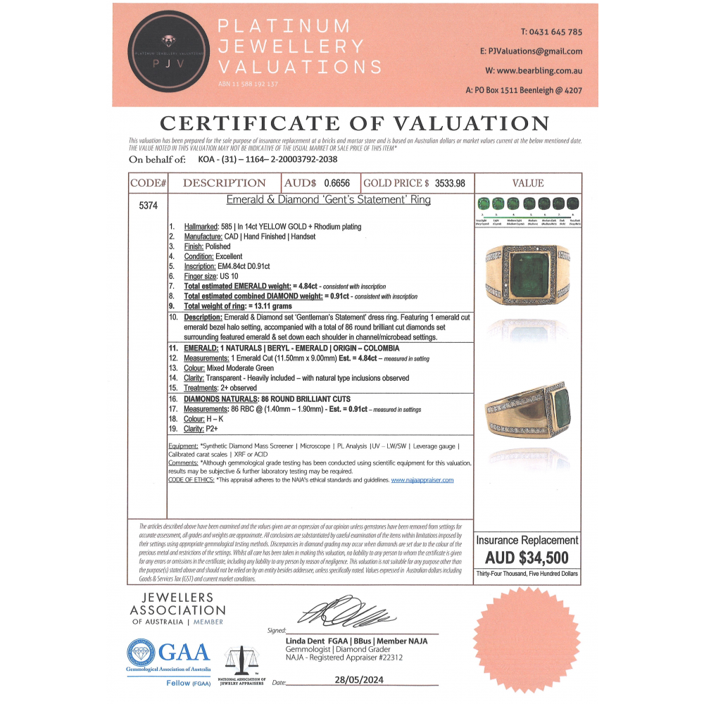 Yellow Gold 4.84ct Colombian Emerald and Diamond Gents Ring