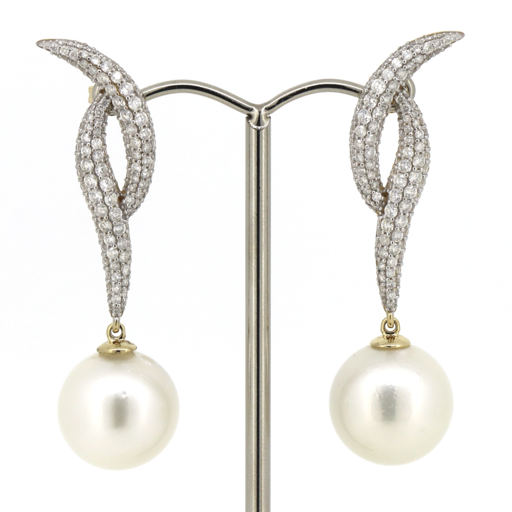 Yellow Gold, White Cultured South Sea Pearl and Diamond, Drop Earrings