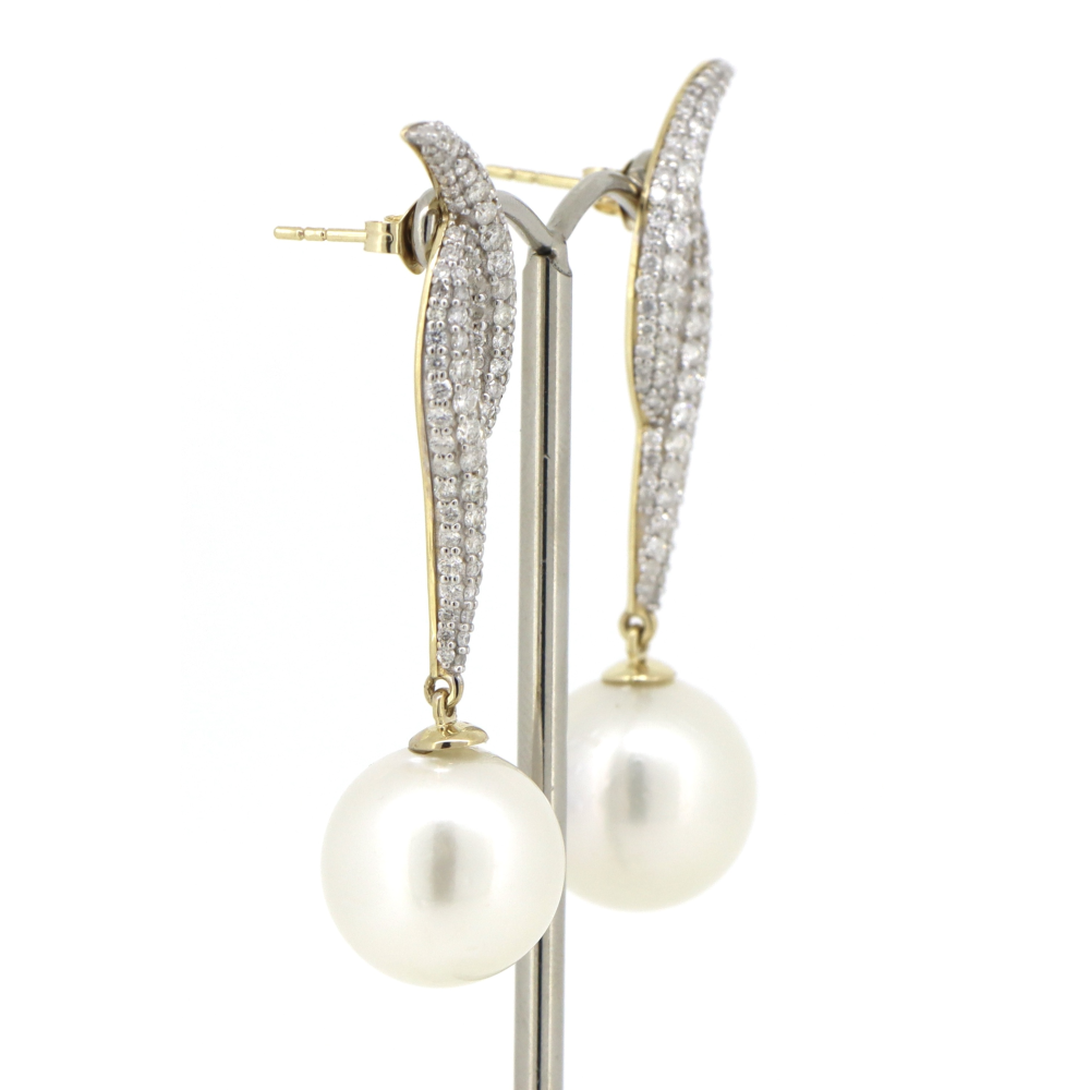 Yellow Gold, White Cultured South Sea Pearl and Diamond, Drop Earrings