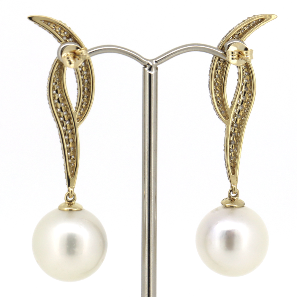 Yellow Gold, White Cultured South Sea Pearl and Diamond, Drop Earrings