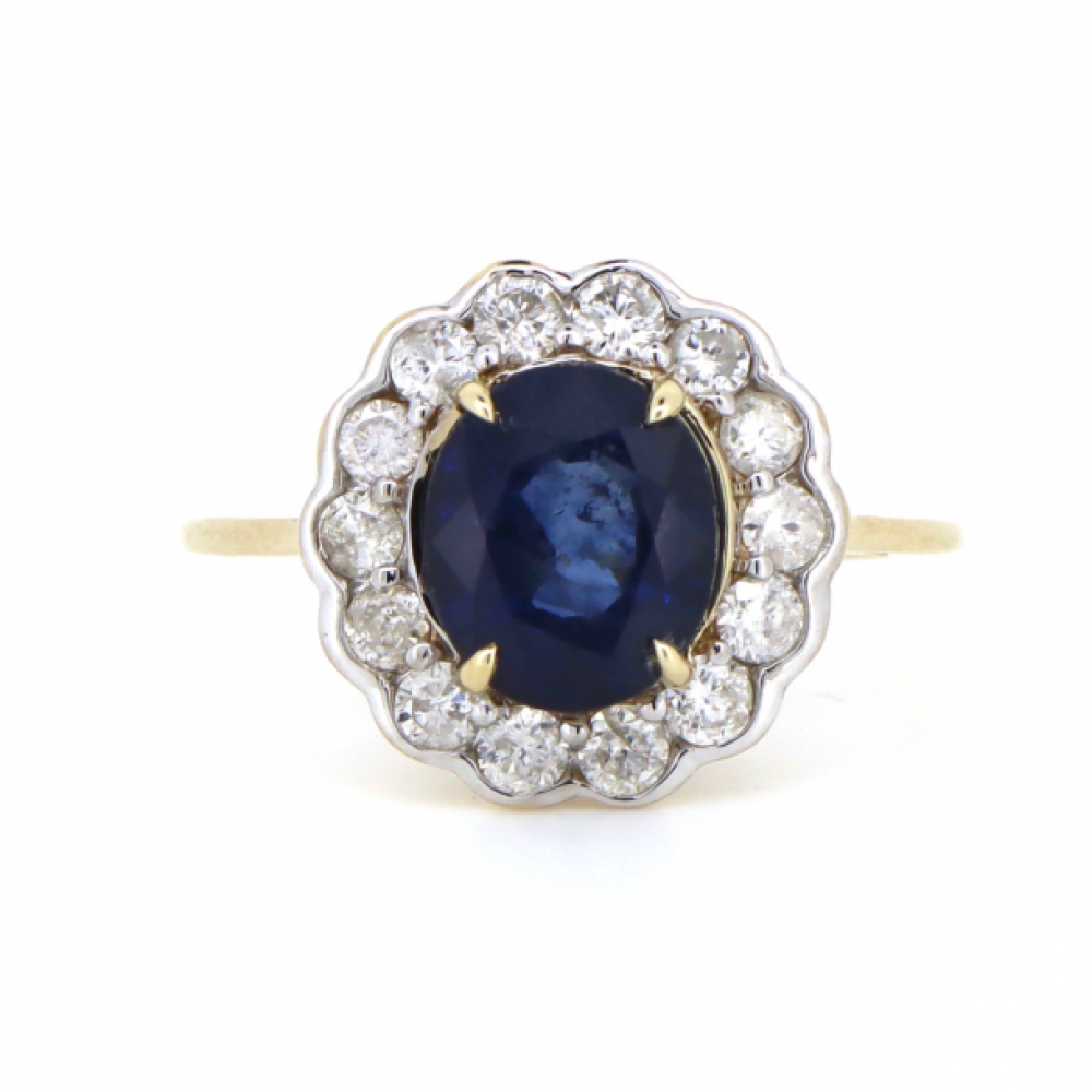 Blue Sapphire and Diamond Halo Ring