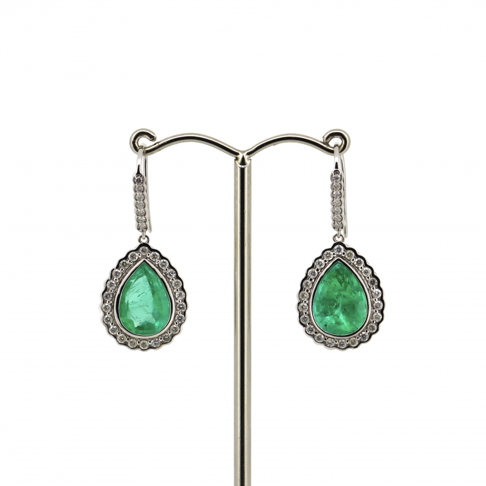 18K White Gold 7.72ct TSW Colombian Emerald and Diamond Halo Drop Earrings