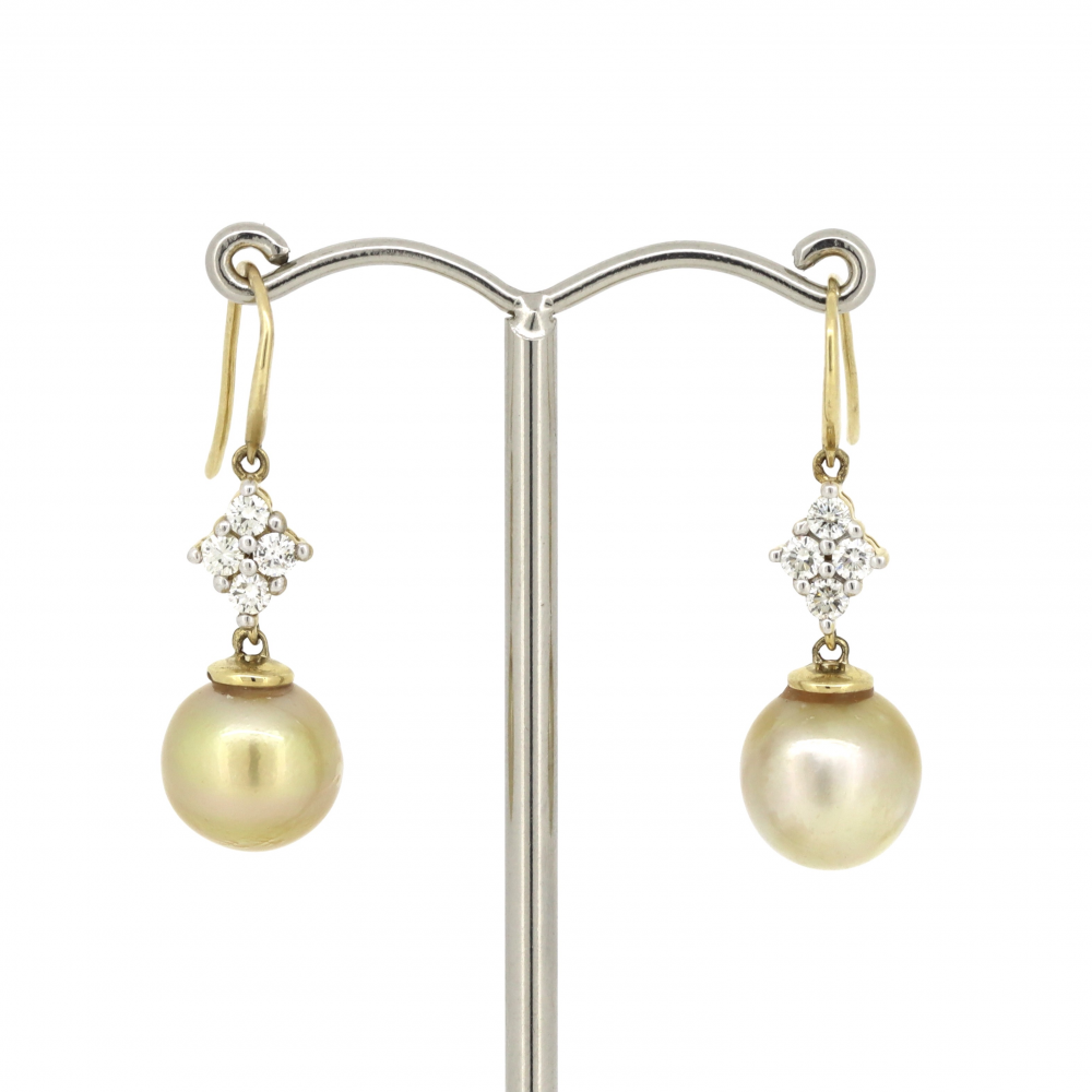 Yellow Gold Golden Cultured South Sea Pearl and Diamond Vintage Style Drop Earrings