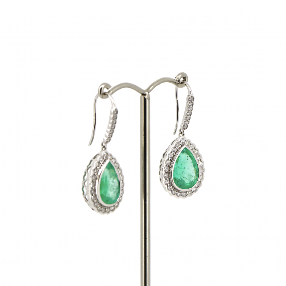 18K White Gold 7.72ct TSW Colombian Emerald and Diamond Halo Drop Earrings