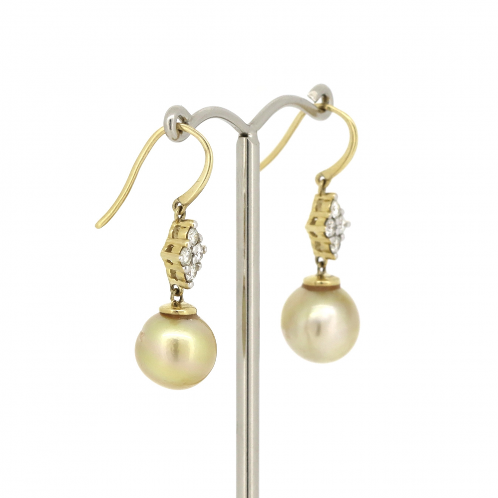 Yellow Gold Golden Cultured South Sea Pearl and Diamond Vintage Style Drop Earrings