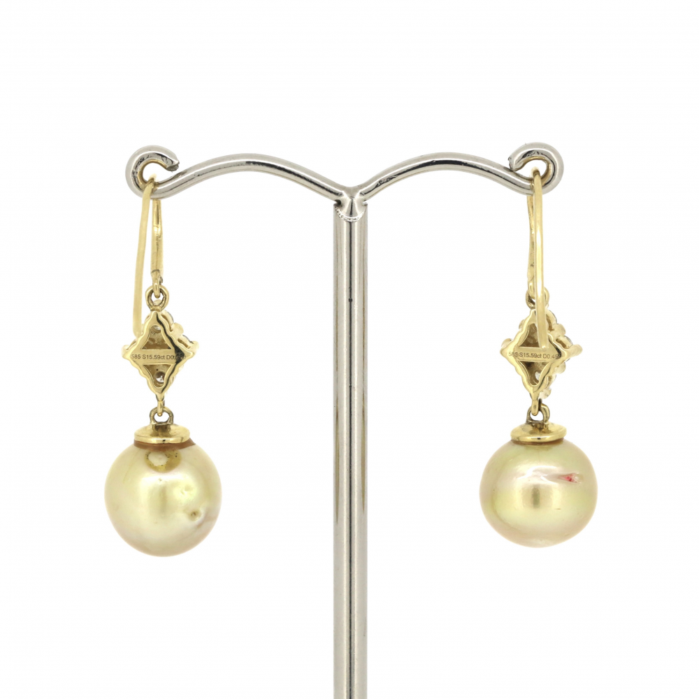 Yellow Gold Golden Cultured South Sea Pearl and Diamond Vintage Style Drop Earrings