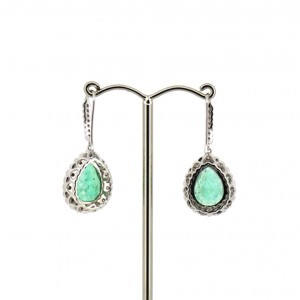 18K White Gold 7.72ct TSW Colombian Emerald and Diamond Halo Drop Earrings