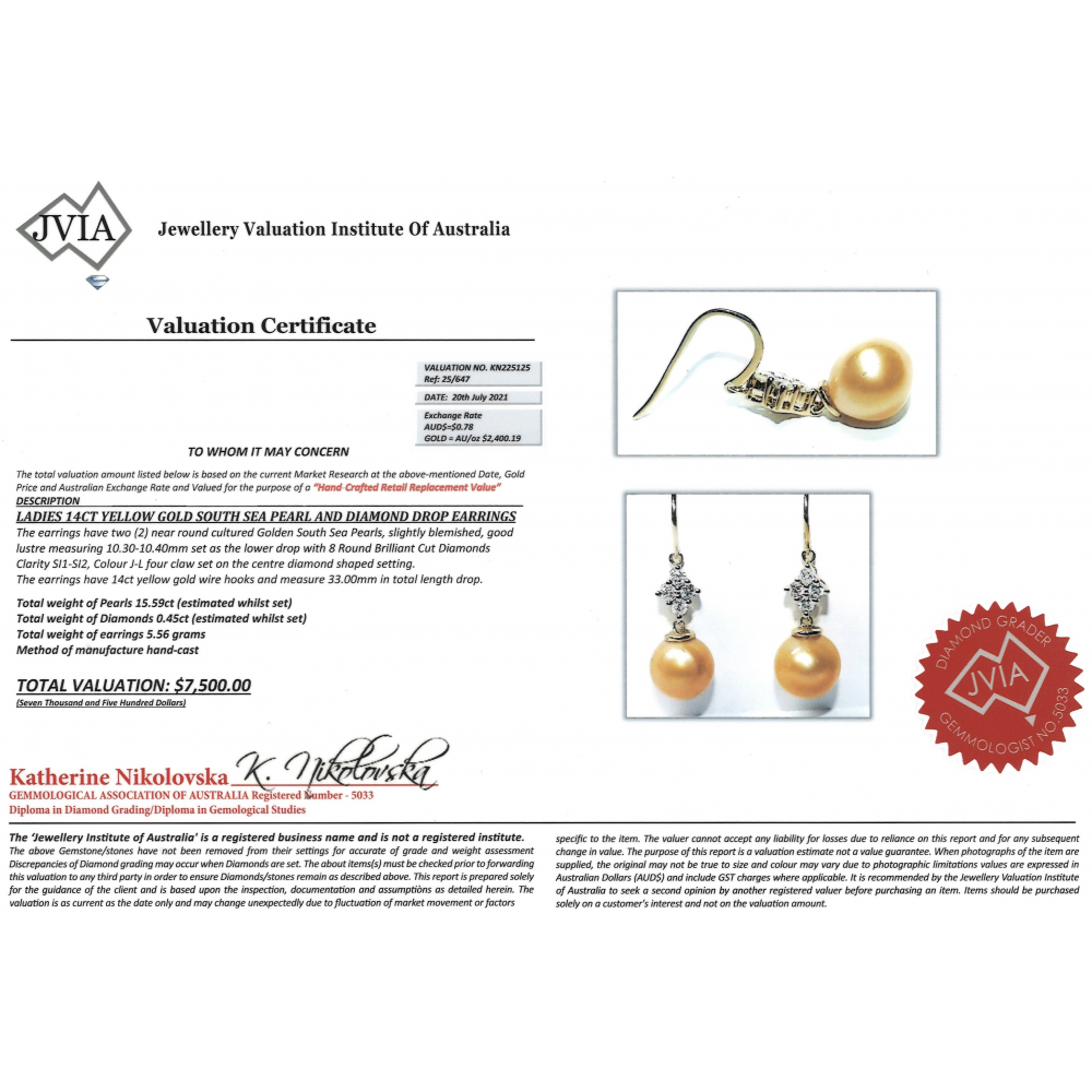 Yellow Gold Golden Cultured South Sea Pearl and Diamond Vintage Style Drop Earrings