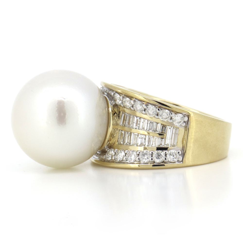Yellow Gold, White Cultured South Sea Pearl and Diamond, Cocktail Ring