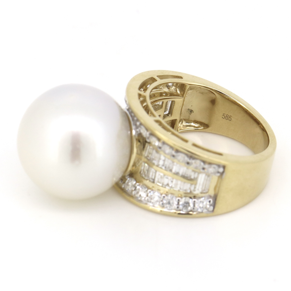 Yellow Gold, White Cultured South Sea Pearl and Diamond, Cocktail Ring