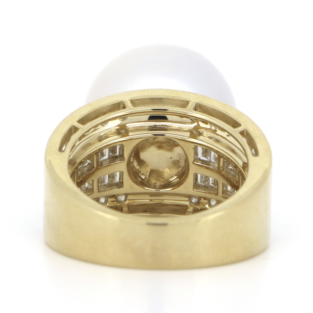 Yellow Gold, White Cultured South Sea Pearl and Diamond, Cocktail Ring