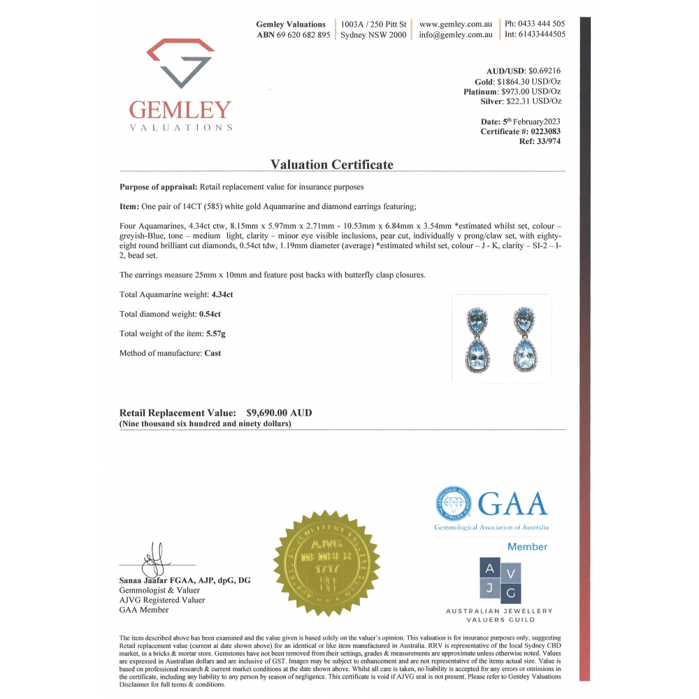 3.34ct TSW White Gold Aquamarine and Diamond Halo Drop Earrings