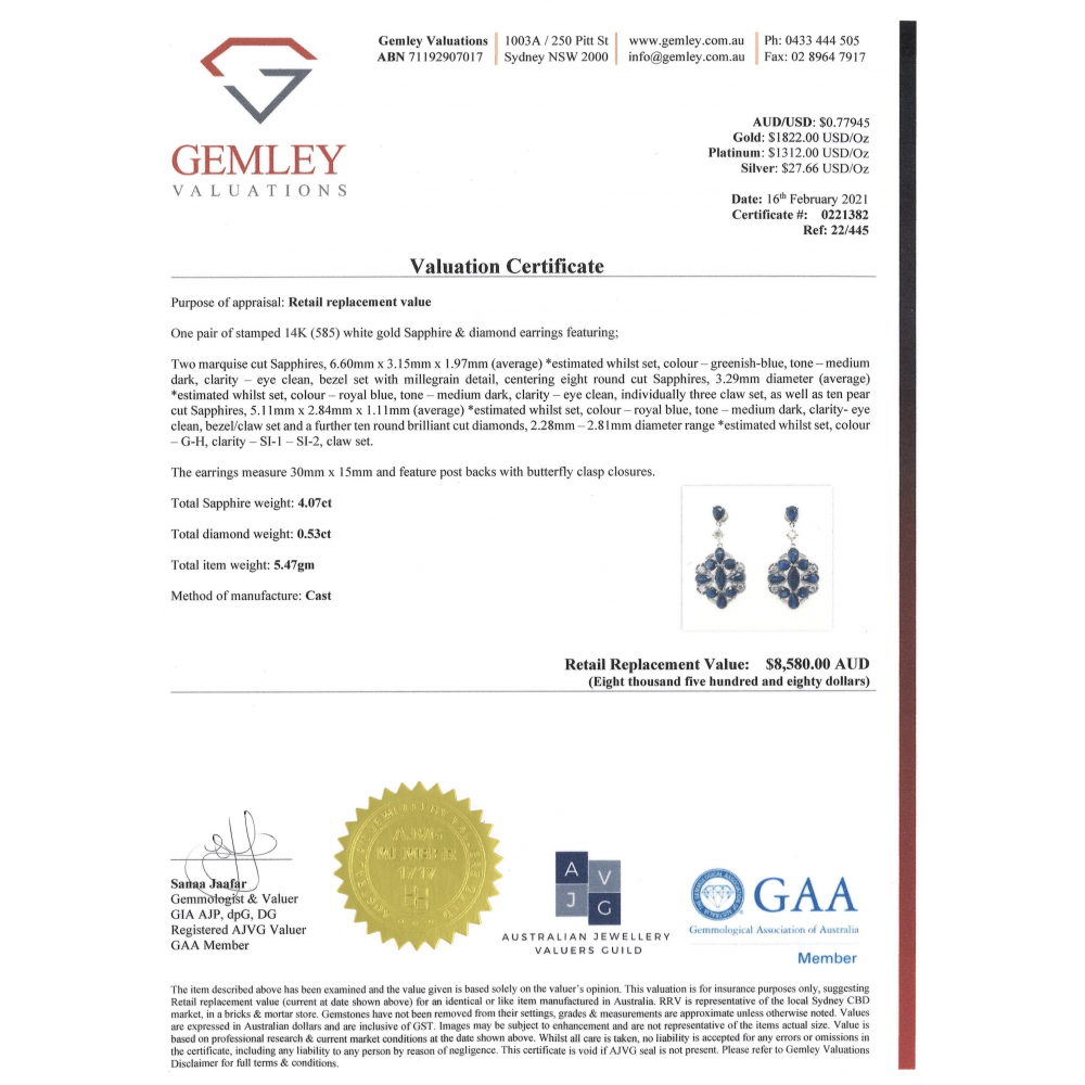 White Gold Blue Sapphire and Diamond Art Deco Style Drop Earrings