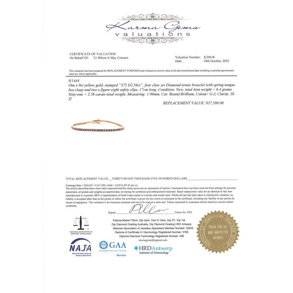 Yellow Gold 2.56ct Diamond Tennis Bracelet