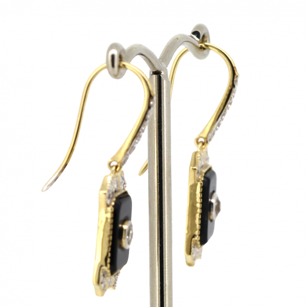 Yellow Gold Onyx and Diamond Drop Earrings