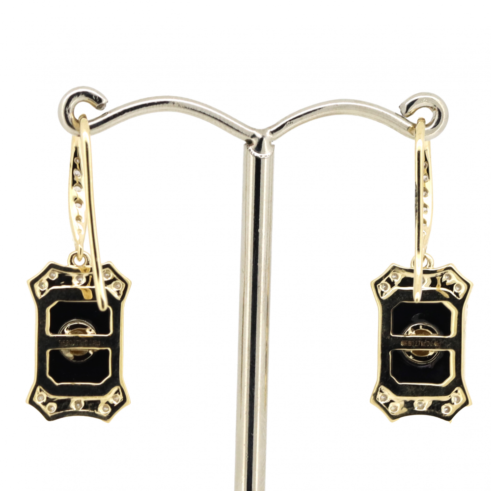 Yellow Gold Onyx and Diamond Drop Earrings