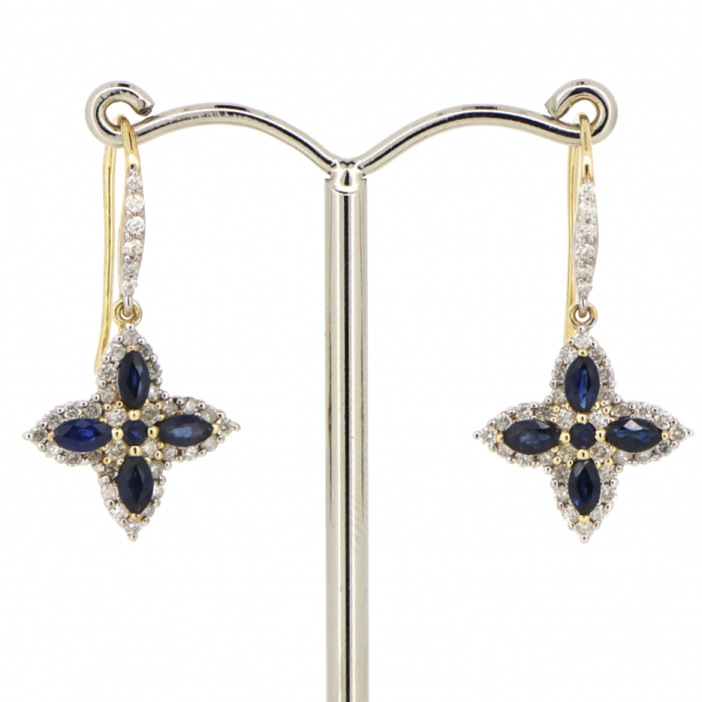 Yellow Gold Blue Sapphire and Diamond Decorative Drop Earrings