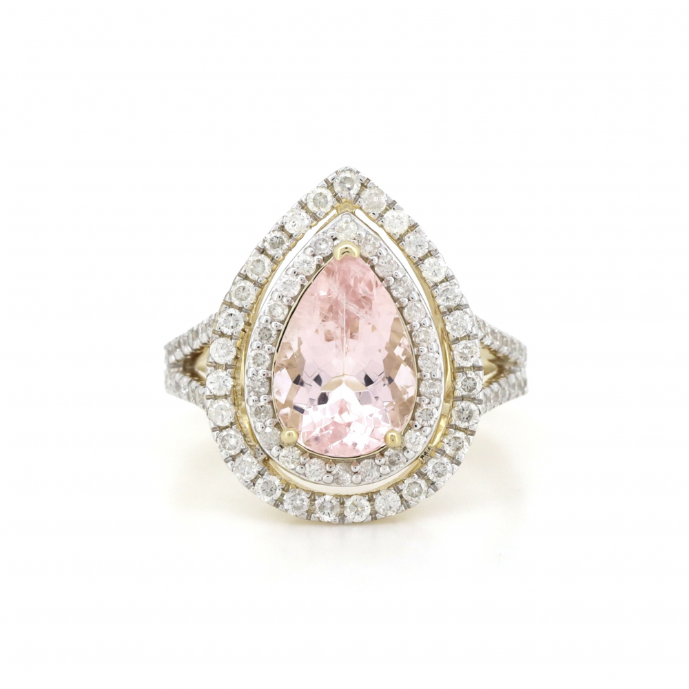 2.30ct Pear Cut Morganite and Diamond Double Halo Ring