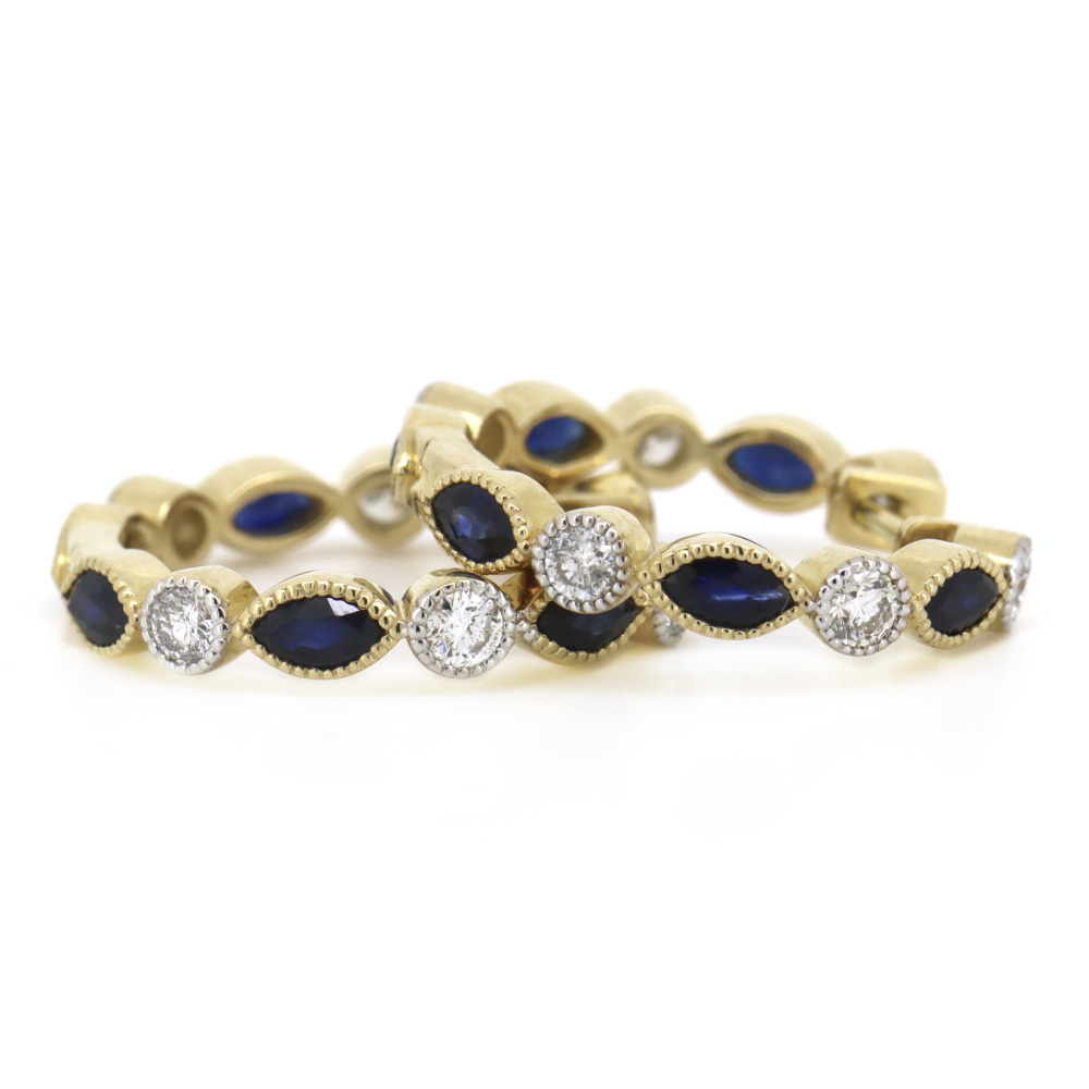 Yellow Gold Blue Sapphire and Diamond Hoop Earrings
