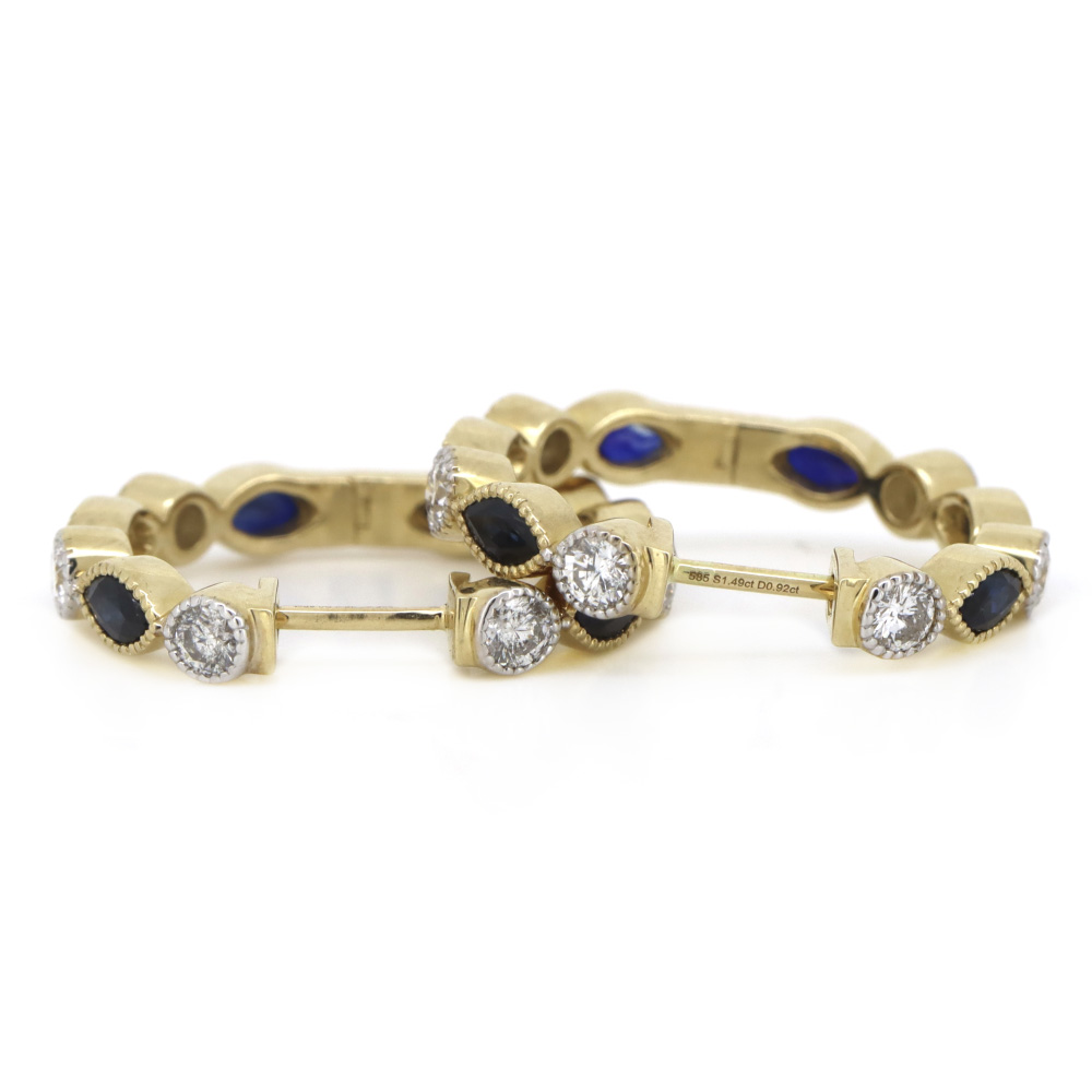Yellow Gold Blue Sapphire and Diamond Hoop Earrings